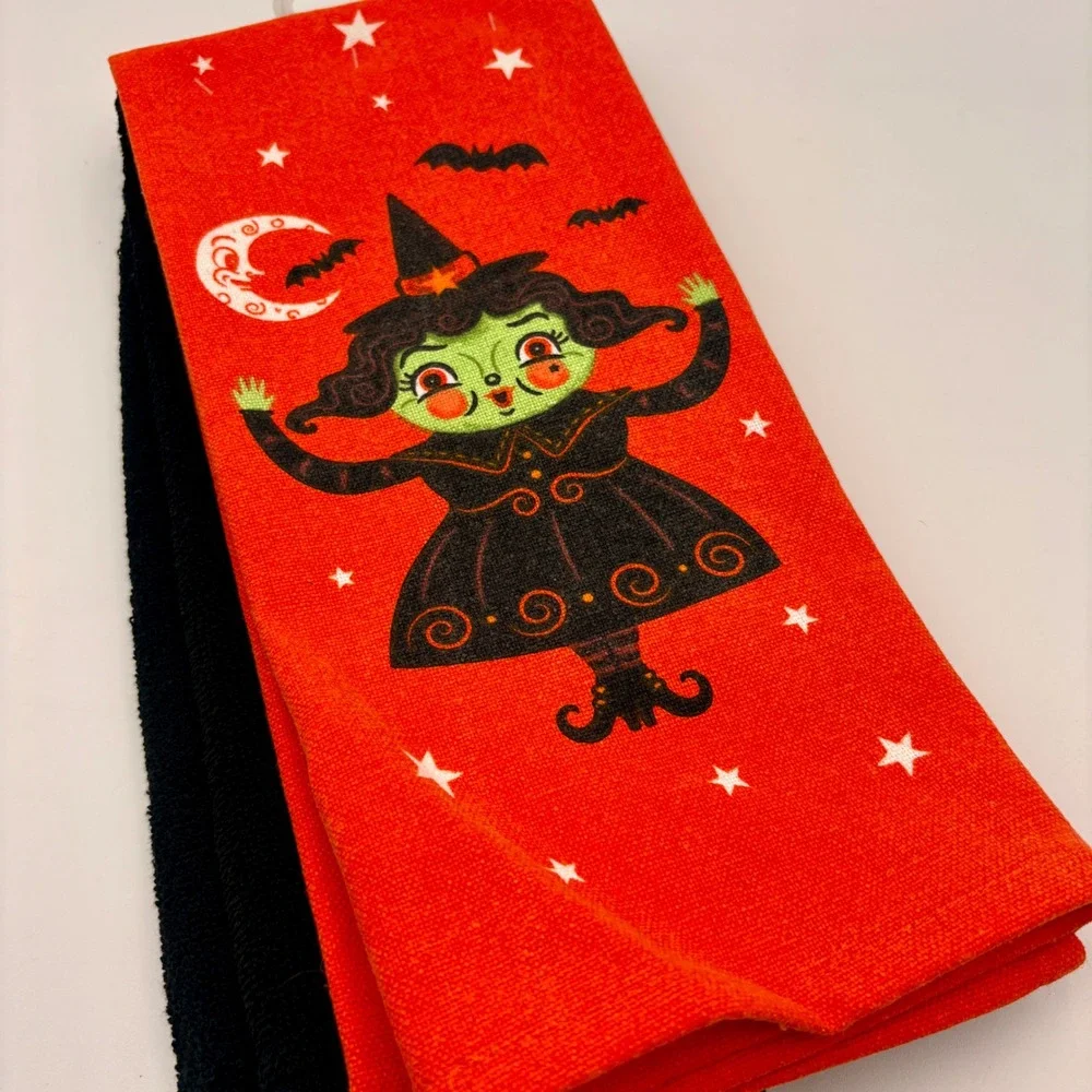 Johanna Parker Halloween Kitchen Towels Set of 3 Witch Ghost Orange Black 18x28